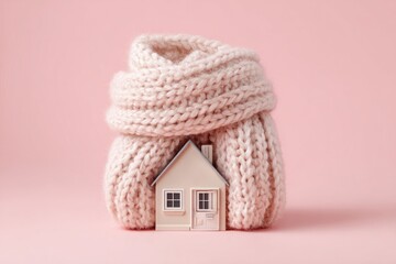 A small beige house nestled within a warm, knitted, light pink scarf against a soft pink background