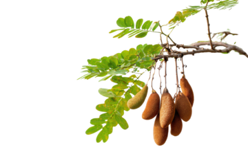 A tree branch showcasing green foliage and several velvety, brown, ripe pods, including one lighter yellowish-green unripe pod, against a green backdrop. background removed