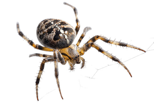 A detailed close-up of a brown and black European garden spider (cross orb-weaver) with intricate patterns, resting on its web. background removed