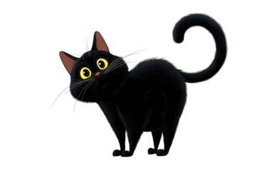 A cute, fluffy cartoon black cat with wide yellow eyes and a curious expression, standing with a curled tail. background removed