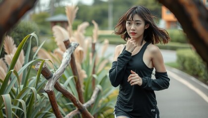 Young Asian Woman Jogging Outdoors in a Natural and Scenic Setting.