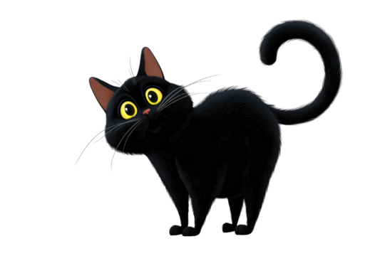 A cute, fluffy cartoon black cat with wide yellow eyes and a curious expression, standing with a curled tail. background removed