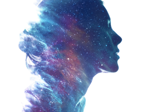 A mesmerizing double exposure silhouette revealing a galaxy and cosmic elements within a person's profile. Inner space and imagination. background removed