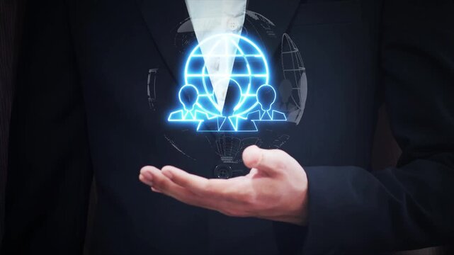 Businessman shows animated board of Directors icon on virtual screen, a group of individuals elected by a company's shareholders to represent the company's management and strategic direction.