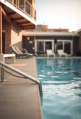 Obraz premium Modern apartment complex pool with lounge chairs and building architecture, lifestyle photography.