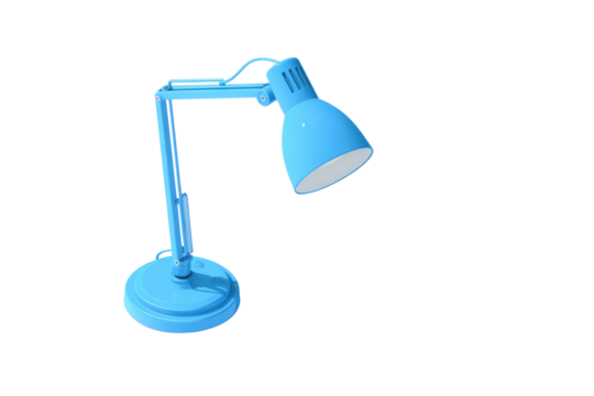 A vibrant blue adjustable desk lamp featuring a flexible swing arm and conical shade, perfect for illuminating any modern workspace. background removed