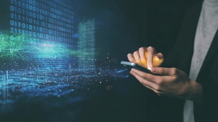 Digital Era Connectivity: Person Using Smartphone, digital binary code hovering around the phone. Illustrating data driven technology. - Powered by Adobe