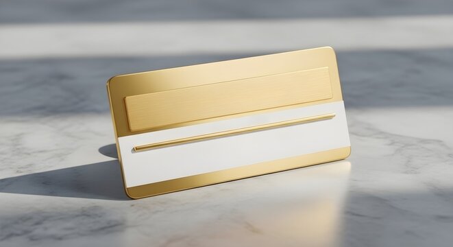 Golden name tag mockup on a marble surface - Powered by Adobe