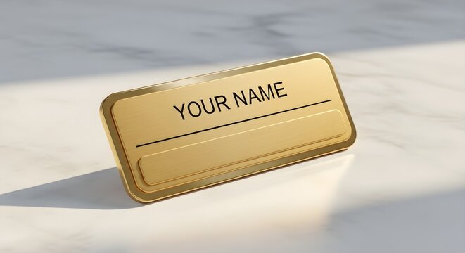 Golden name tag mockup on a marble surface - Powered by Adobe