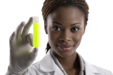 A smiling African American scientist in a lab coat and gloves holds a test tube containing a vibrant yellow-green liquid, symbolizing research and discovery. background removed