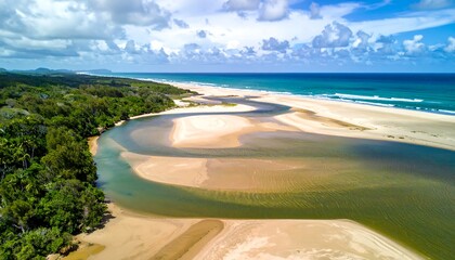 Coastal river meanders through sandy beach