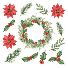 Watercolor christmas elements collection festive wreath poinsettias holly and pine sprigs for holiday design isolated on transparent background