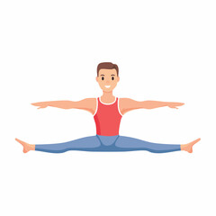 Cartoon man performing a full split exercise, smiling, wearing a red tank top and blue pants on a white background.