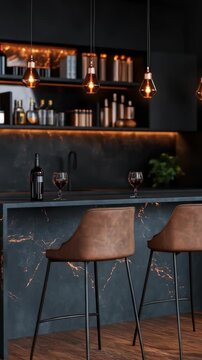 Dark Modern Kitchen Bar with Brown Leather Stools