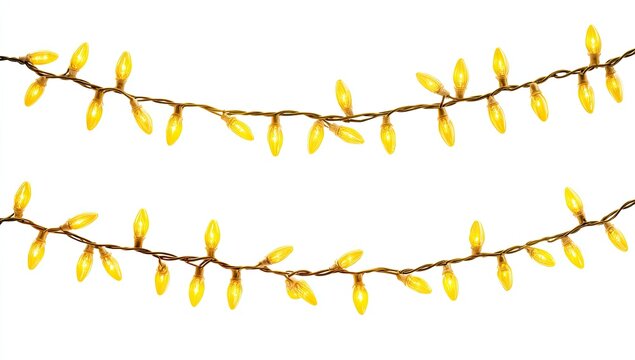 Two strands of warm yellow string lights,  hanging on a copper wire,  isolated on white.  Small bulb lights are spaced evenly along each strand