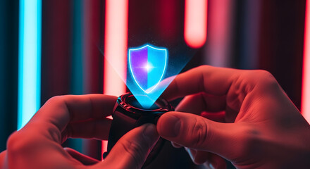 Futuristic Security: Holographic Shield on Smartwatch