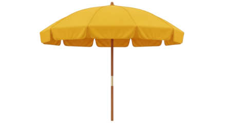 Isolated parasol for summer beach vacation, yellow sunshade with wooden pole for patio use