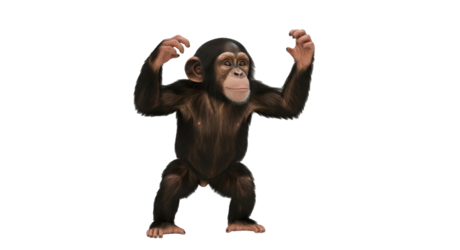 Isolated Young Chimpanzee Standing On Two Legs With Arms Raised In Alert Position