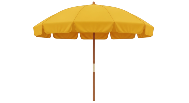 Isolated parasol for summer beach vacation, yellow sunshade with wooden pole for patio use