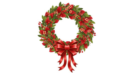 Isolated Christmas wreath, holiday decoration with red bow and evergreen leaves, berries art