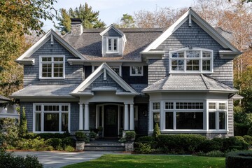 Gray shingled house with white trim and landscaping.
