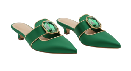 Isolated pair of green satin mule shoes with decorative gems for a special event or occasion