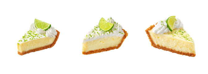 Delicious Key Lime Pie Slices with Whipped Cream and Lime Garnish, Perfect for Desserts and Summer Treats PNG set Transparent backround