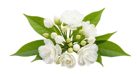 Isolated Blooming Jasmine Flowers, Delicate Blossoms, Green Leaves, Floral Design Element