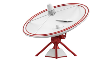 Isolated satellite dish antenna for telecommunications or science, red and white color design