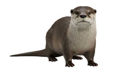 Isolated Eurasian otter looking forward with its forelegs on the ground, no background