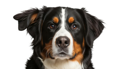 Isolated Bernese Mountain Dog portrait head shot against neutral backdrop for advertising