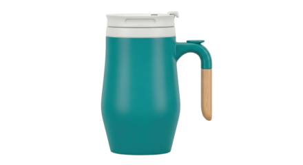 Isolated turquoise tumbler with white lid, handle, and natural light brown wooden grip