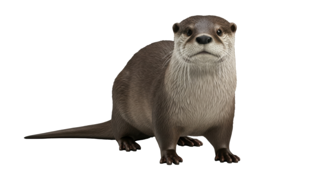 Isolated Eurasian otter looking forward with its forelegs on the ground, no background