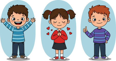 Cartoon children showing emotions and gestures, vector illustration for emotional learning, classroom behavior, character design, and educational content themes