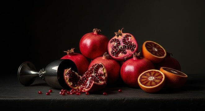 Buah delima merah dan jeruk darah dengan cawan perak dalam susunan still life yang dramatis melambangkan kelimpahan dan estetika seni klasik
