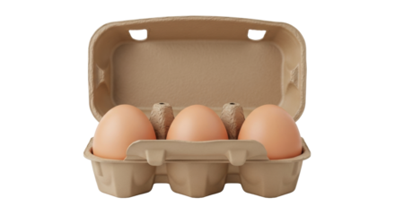 Isolated carton of three brown eggs, a basic grocery and staple for a healthy protein diet