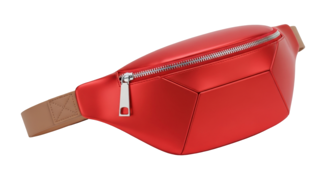 Isolated waist bag fashion accessory in bright red color with metallic zipper and brown strap