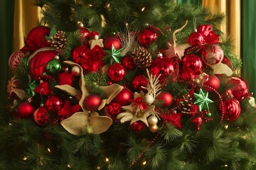 Festive Christmas Tree Decorations with Red and Green Ornaments, Pine Cones, and Embellishments for a Joyful Holiday Season