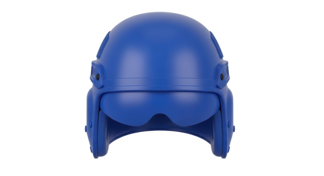 Isolated riot police blue helmet on a bright plain background, ready for enforcement, police gear