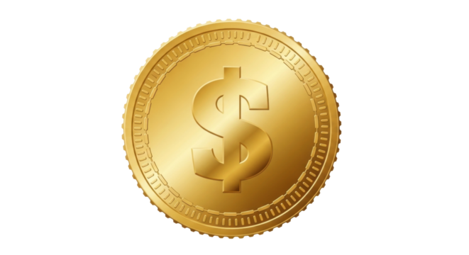Isolated golden coin with dollar sign, gold money currency symbol, coinage, earnings, finance