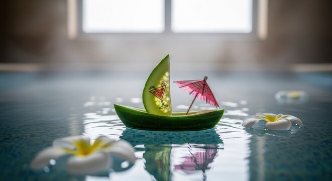 Seni makanan perahu timun terapung di kolam dengan bunga kamboja melambangkan liburan musim panas yang kreatif dan menyegarkan
