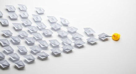 Leadership Concept: Yellow Rubber Duck Leading a Fleet of Paper Boats