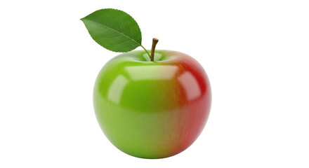 Isolated shiny apple with a green leaf and a short stem, fresh fruit, healthy eating