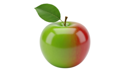 Isolated shiny apple with a green leaf and a short stem, fresh fruit, healthy eating