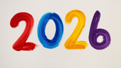 A colorful brushstroke-style depiction of the year 2026. The numbers are painted in vibrant shades of red, blue, yellow, and purple, giving them dimension and an artistic look