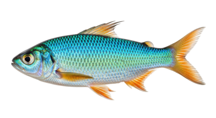 Isolated, vibrant iridescent tinfoil barb fish, colorful scales and fins, aquarium pet, close-up