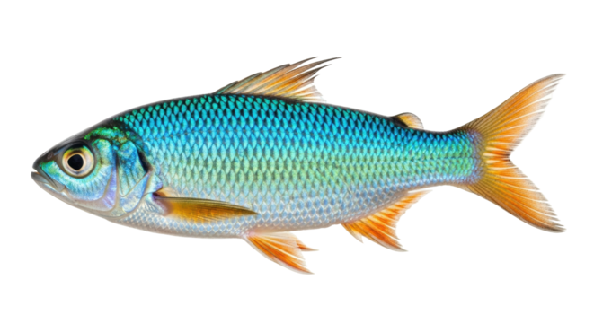 Isolated, vibrant iridescent tinfoil barb fish, colorful scales and fins, aquarium pet, close-up