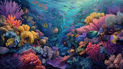 Vibrant Underwater Coral Reef Ecosystem with Colorful Fish and Marine Life.