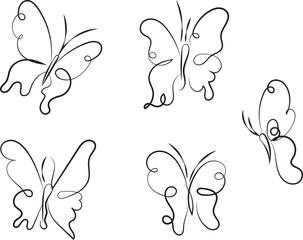 Artistic sketch collection of five delicate butterfly forms