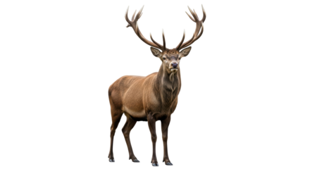 Isolated red deer stag standing proud, looking directly at camera, majestic antlers